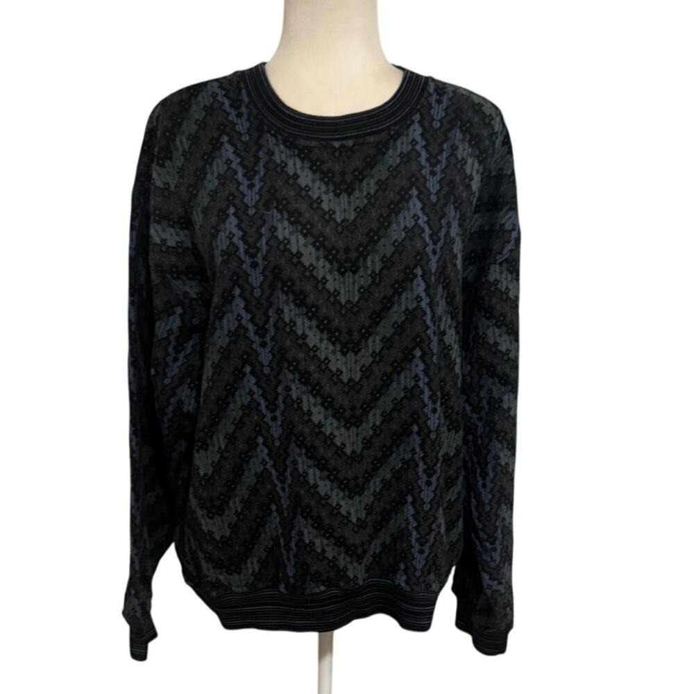 Vintage Jhane Barnes Wool Blend Sweater Large Chevron Pattern Black Blue Size L